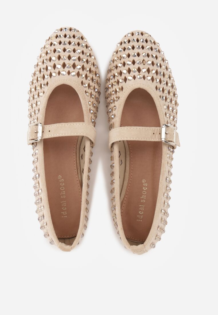 Ciemnobeżowe Ażurowe Balerinki z Paskiem z Klamerką i Cyrkoniami Feanoene 6