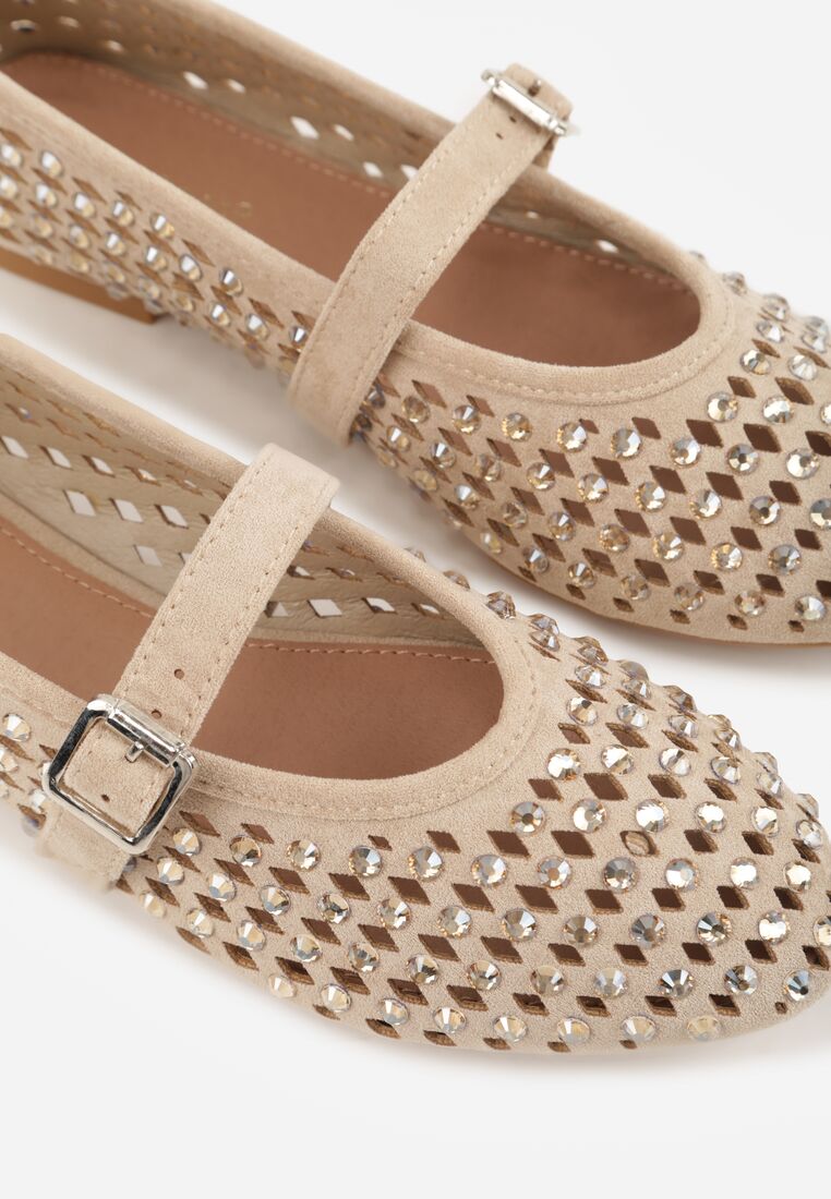 Ciemnobeżowe Ażurowe Balerinki z Paskiem z Klamerką i Cyrkoniami Feanoene 8