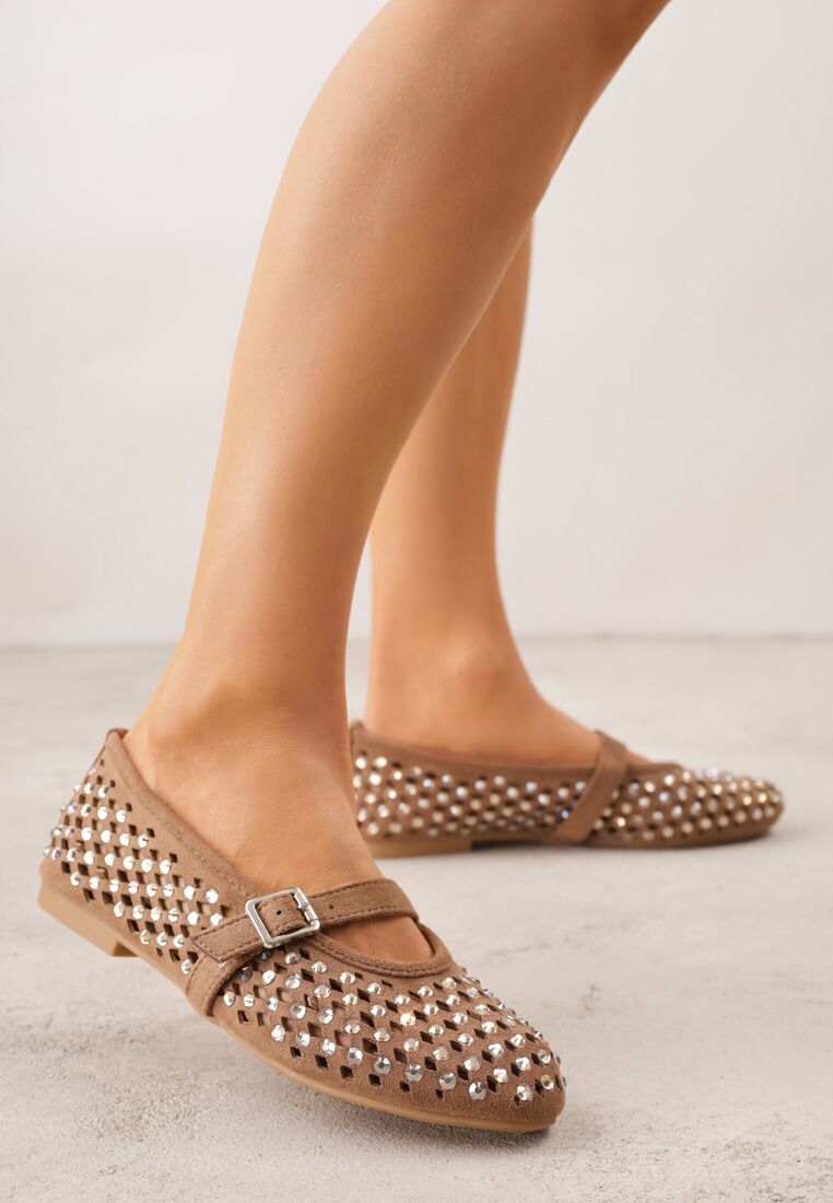Brązowe Ażurowe Balerinki z Paskiem z Klamerką i Cyrkoniami Feanoene 1