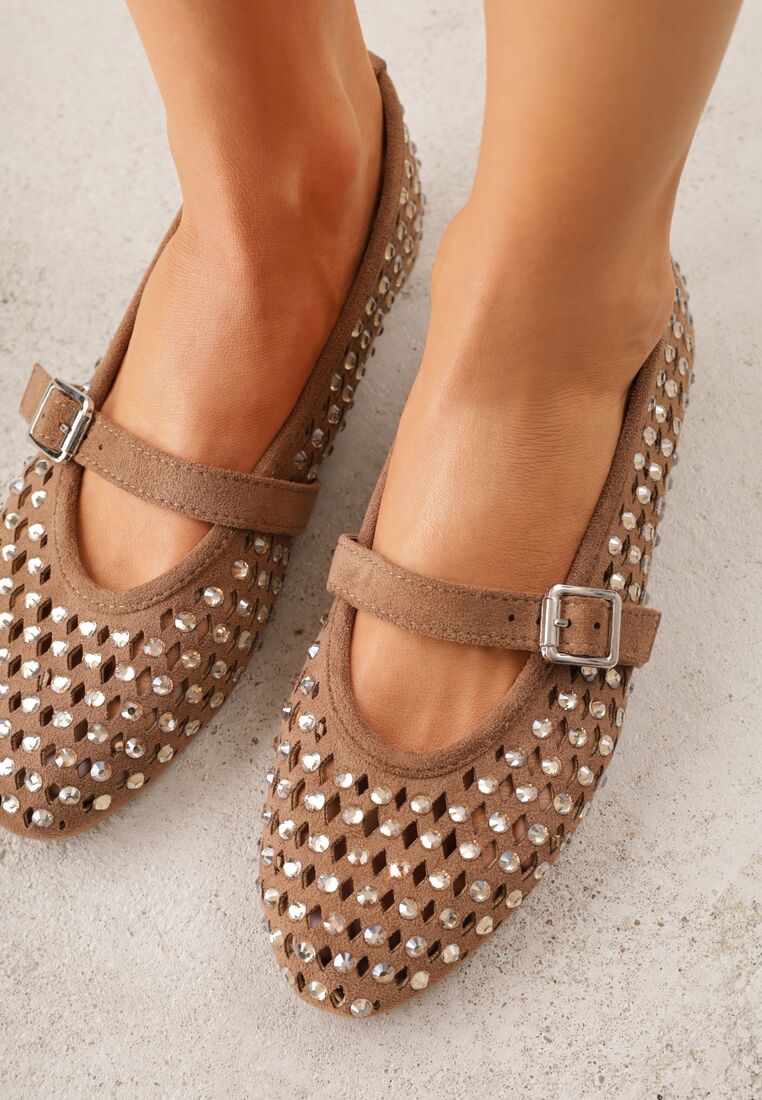 Brązowe Ażurowe Balerinki z Paskiem z Klamerką i Cyrkoniami Feanoene 3