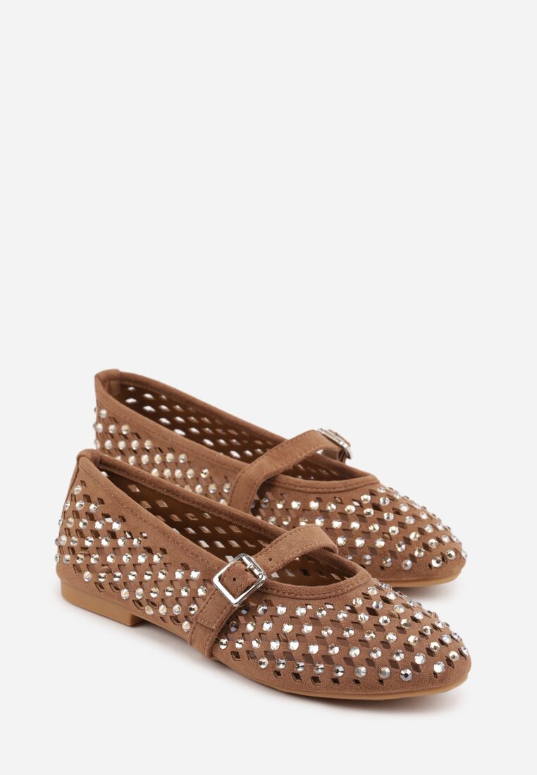Brązowe Ażurowe Balerinki z Paskiem z Klamerką i Cyrkoniami Feanoene 5