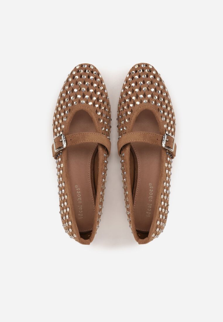 Brązowe Ażurowe Balerinki z Paskiem z Klamerką i Cyrkoniami Feanoene 6