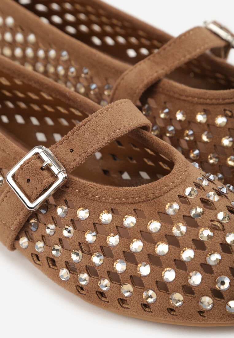 Brązowe Ażurowe Balerinki z Paskiem z Klamerką i Cyrkoniami Feanoene 8