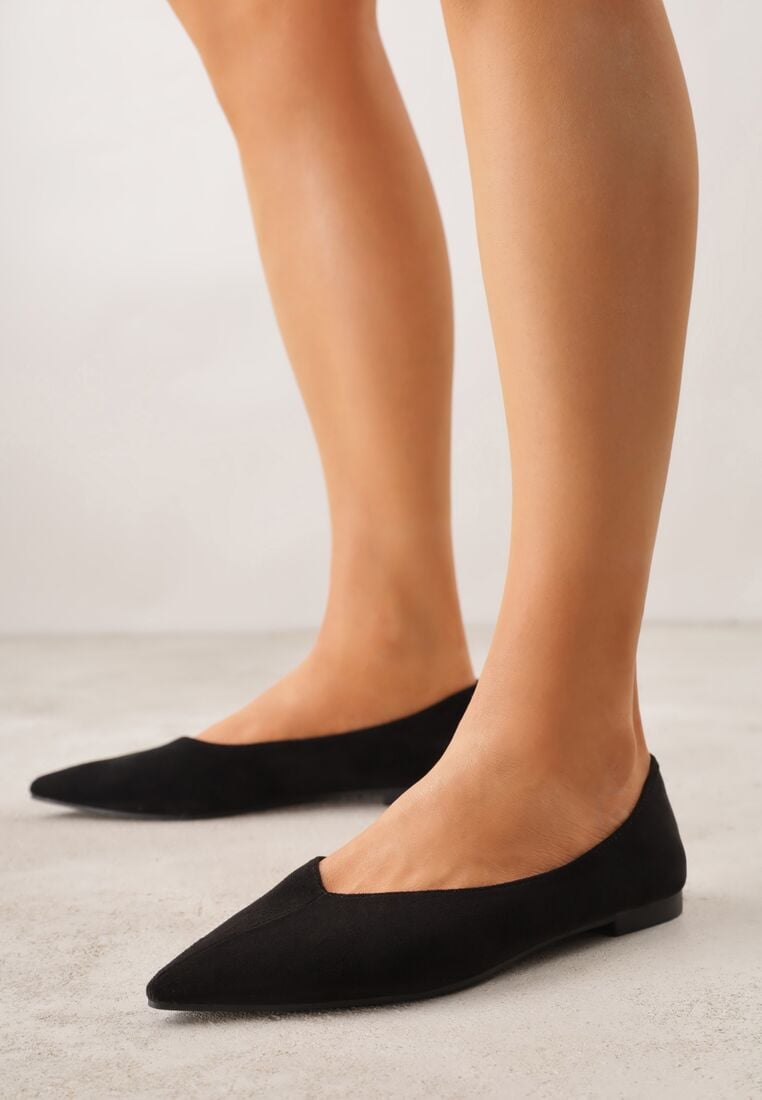 Czarne Balerinki z Imitacji Zamszu z Noskiem w Szpic Egynome 2