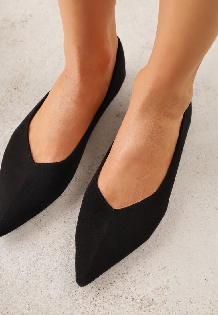 Czarne Balerinki z Imitacji Zamszu z Noskiem w Szpic Egynome 3