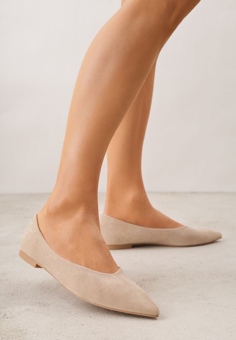 Beżowe Balerinki z Imitacji Zamszu z Noskiem w Szpic Egynome 2