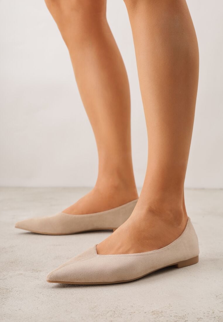 Beżowe Balerinki z Imitacji Zamszu z Noskiem w Szpic Egynome 1