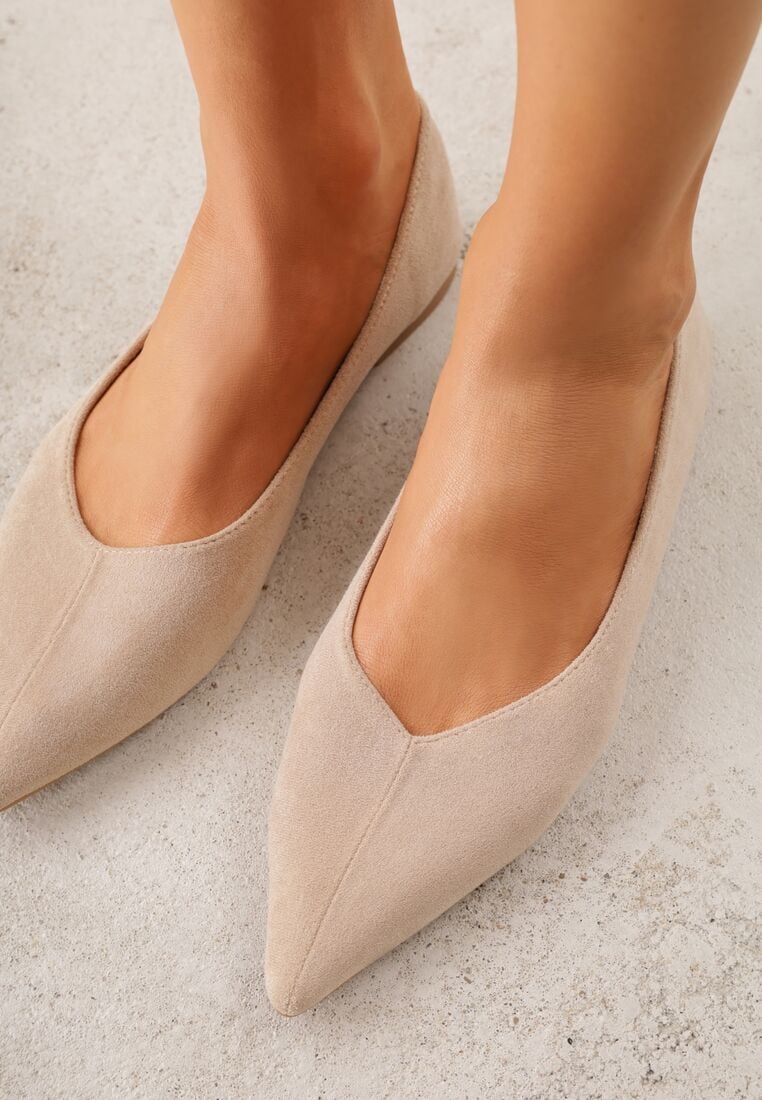 Beżowe Balerinki z Imitacji Zamszu z Noskiem w Szpic Egynome 3