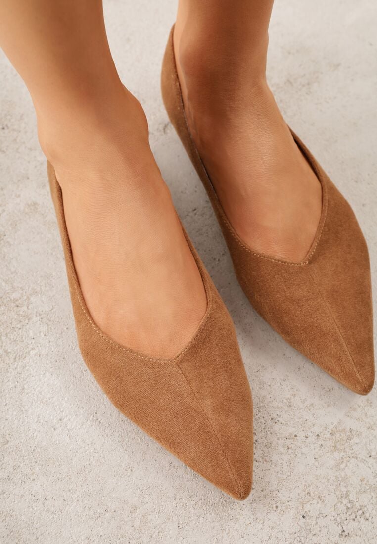 Jasnobrązowe Balerinki z Imitacji Zamszu z Noskiem w Szpic Egynome 3