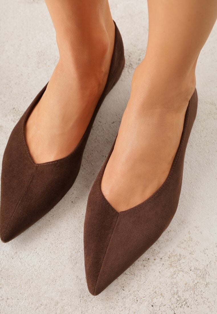 Brązowe Balerinki z Imitacji Zamszu z Noskiem w Szpic Egynome 3
