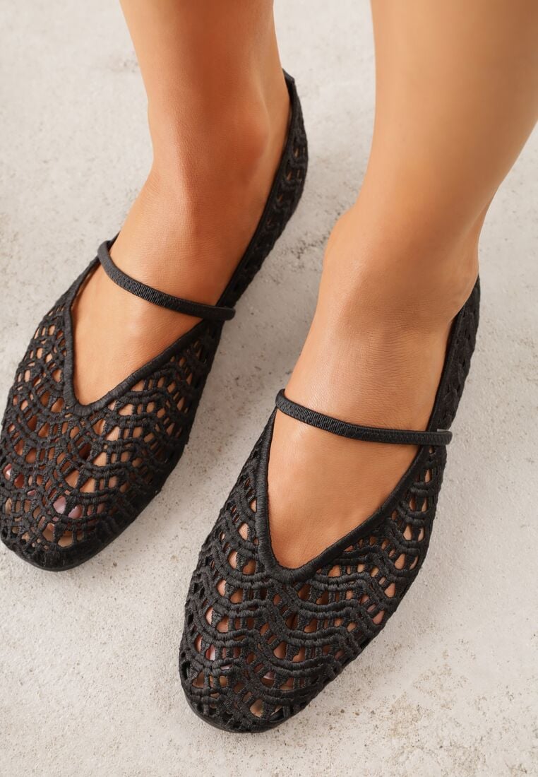 Czarne Ażurowe Balerinki z Imitacji Plecionki z Paskiem Naeraea 3