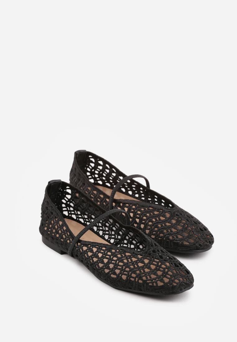 Czarne Ażurowe Balerinki z Imitacji Plecionki z Paskiem Naeraea 5