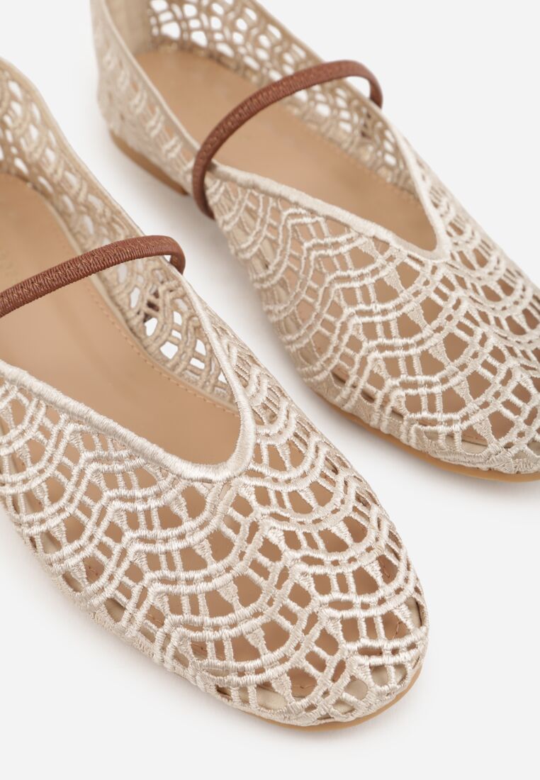 Jasnobeżowe Ażurowe Balerinki z Imitacji Plecionki z Paskiem Naeraea 8