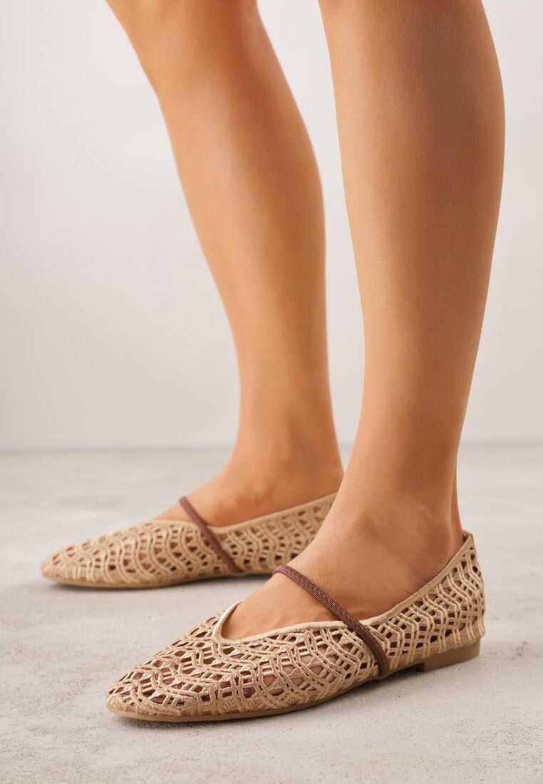 Beżowe Ażurowe Balerinki z Imitacji Plecionki z Paskiem Naeraea 2