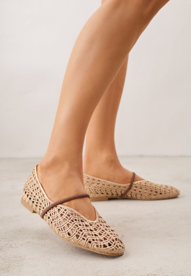 Beżowe Ażurowe Balerinki z Imitacji Plecionki z Paskiem Naeraea 1