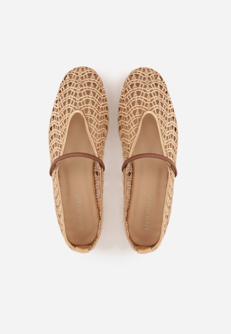 Beżowe Ażurowe Balerinki z Imitacji Plecionki z Paskiem Naeraea 6