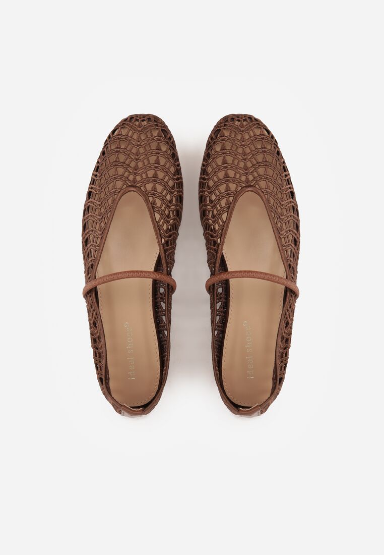 Brązowe Ażurowe Balerinki z Imitacji Plecionki z Paskiem Naeraea 6