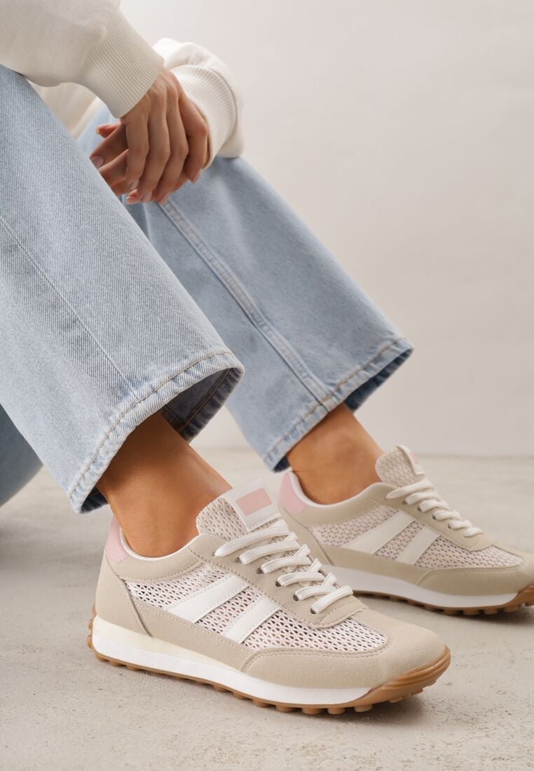 Beżowe Casualowe Sneakersy z Siateczkowymi Wstawkami Kassadina 2