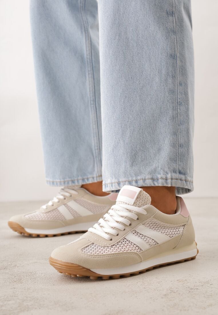 Beżowe Casualowe Sneakersy z Siateczkowymi Wstawkami Kassadina 1