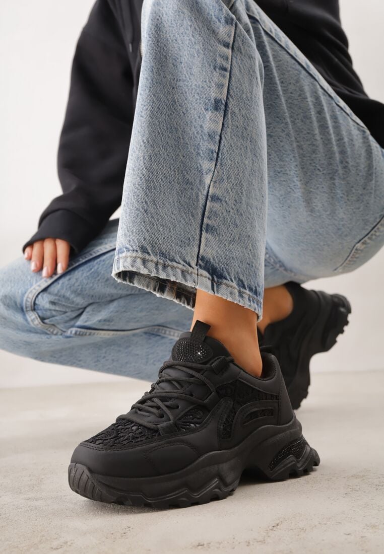 Czarne Sneakersy na Grubej Podeszwie z Koronkowymi Wstawkami i Cyrkoniami Sephialle 2