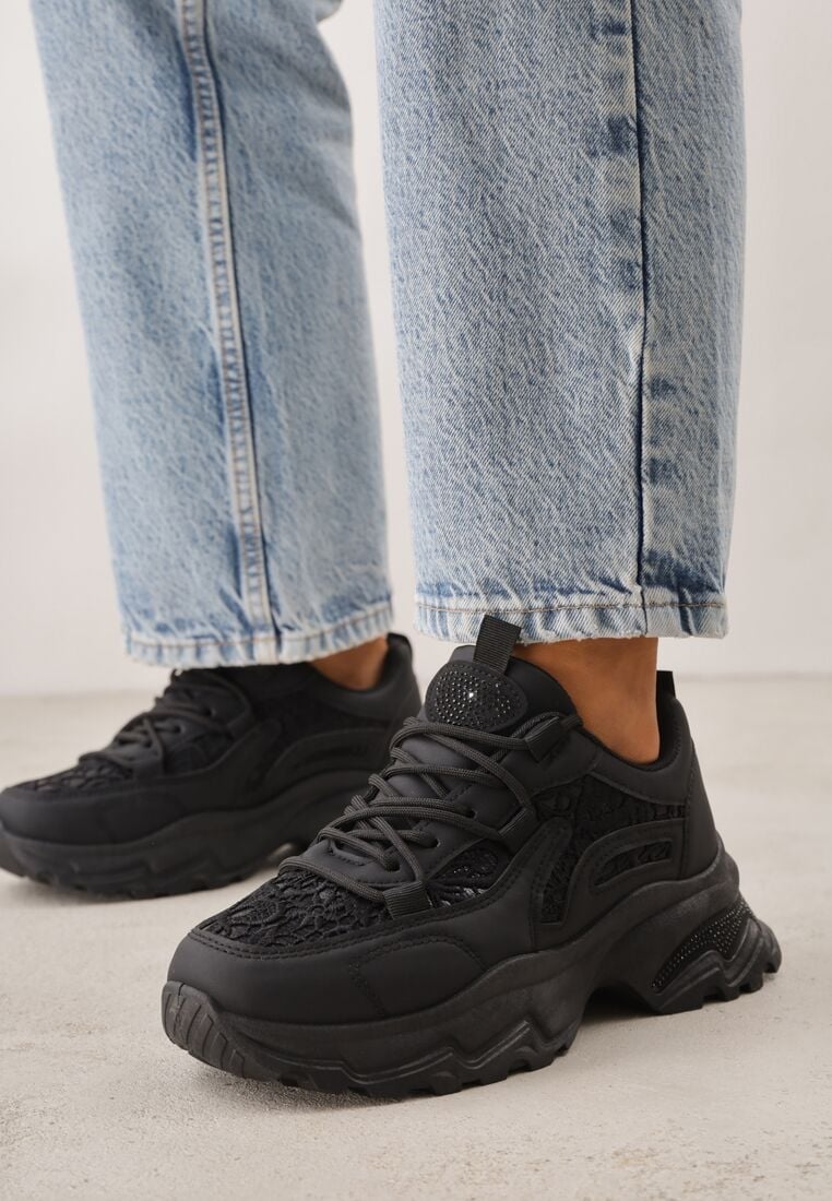 Czarne Sneakersy na Grubej Podeszwie z Koronkowymi Wstawkami i Cyrkoniami Sephialle 1