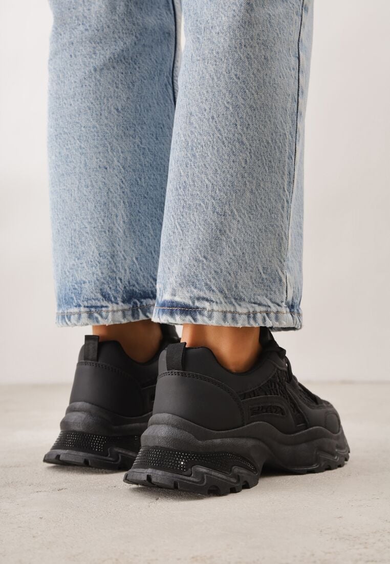 Czarne Sneakersy na Grubej Podeszwie z Koronkowymi Wstawkami i Cyrkoniami Sephialle 3