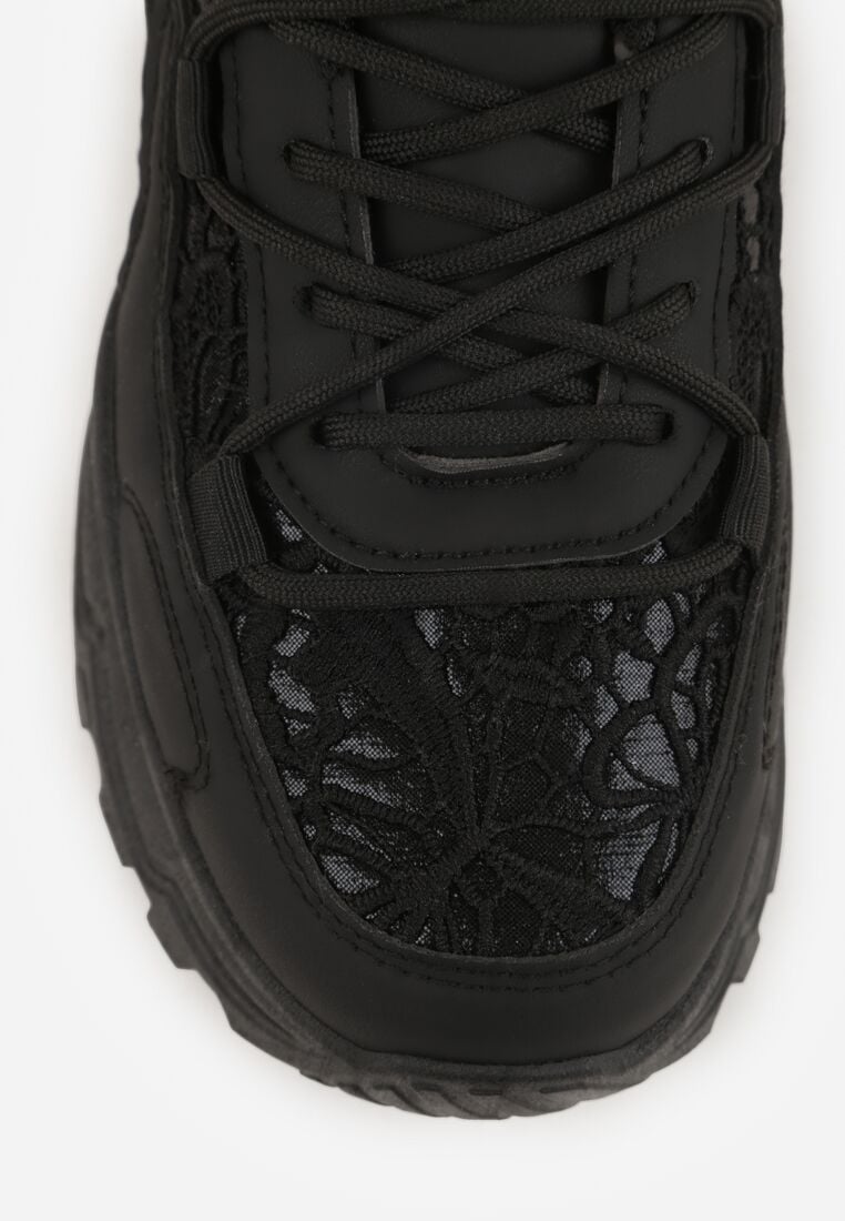 Czarne Sneakersy na Grubej Podeszwie z Koronkowymi Wstawkami i Cyrkoniami Sephialle 8