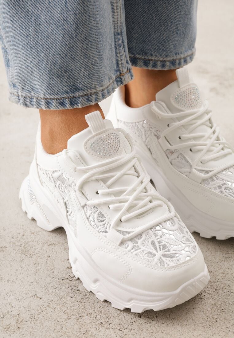 Białe Sneakersy na Grubej Podeszwie z Koronkowymi Wstawkami i Cyrkoniami Sephialle 3