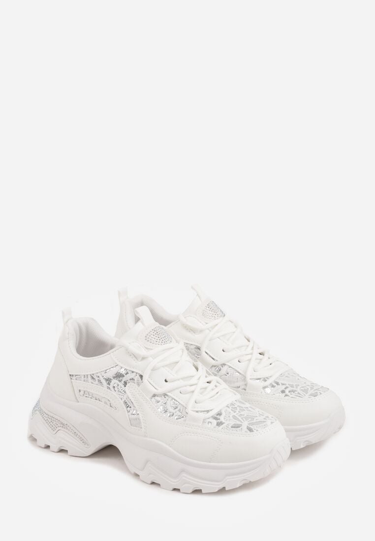 Białe Sneakersy na Grubej Podeszwie z Koronkowymi Wstawkami i Cyrkoniami Sephialle 5