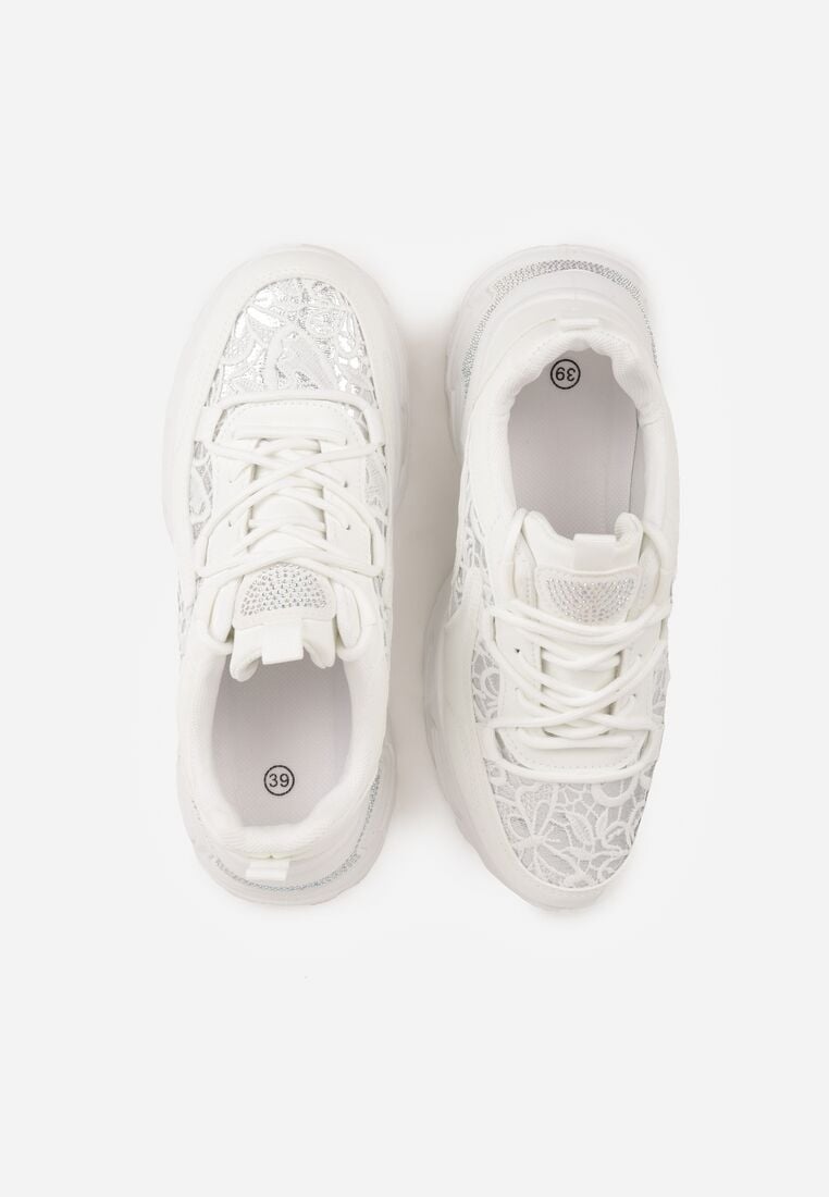 Białe Sneakersy na Grubej Podeszwie z Koronkowymi Wstawkami i Cyrkoniami Sephialle 6