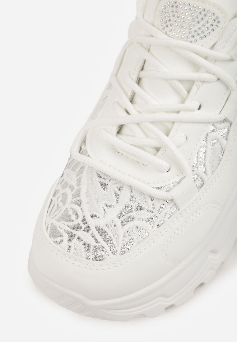 Białe Sneakersy na Grubej Podeszwie z Koronkowymi Wstawkami i Cyrkoniami Sephialle 9