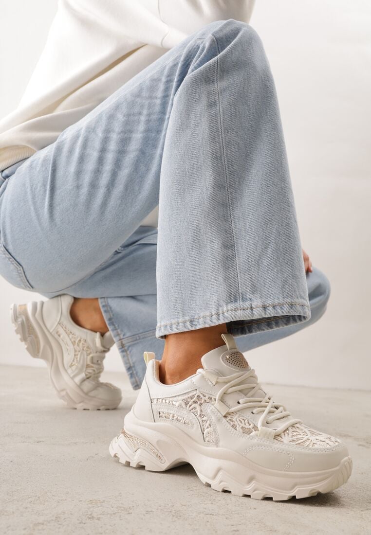 Beżowe Sneakersy na Grubej Podeszwie z Koronkowymi Wstawkami i Cyrkoniami Sephialle 2
