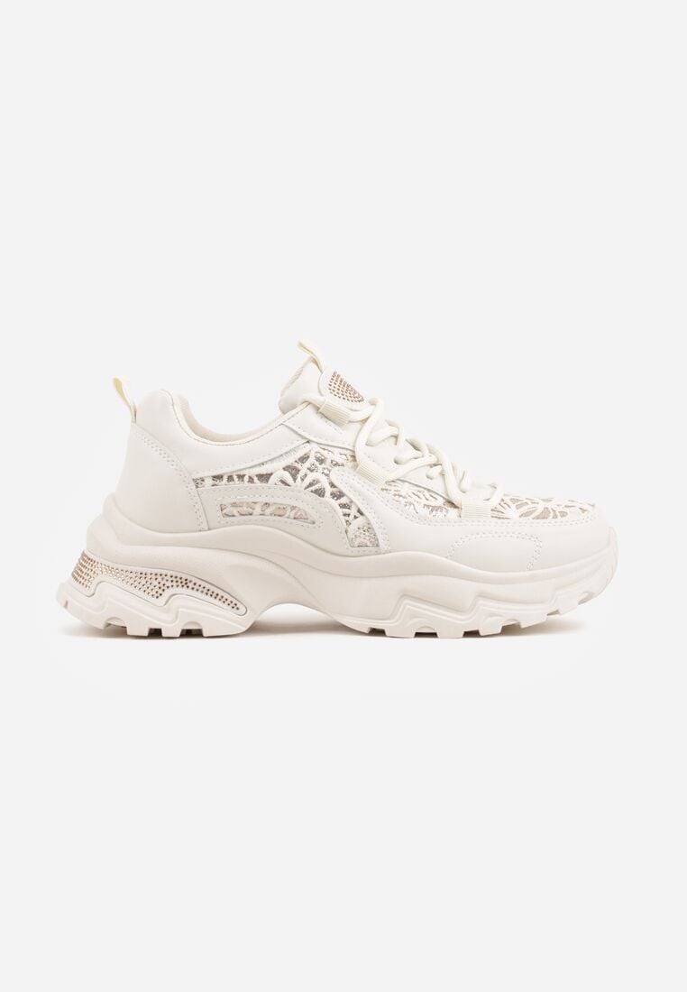 Beżowe Sneakersy na Grubej Podeszwie z Koronkowymi Wstawkami i Cyrkoniami Sephialle 4