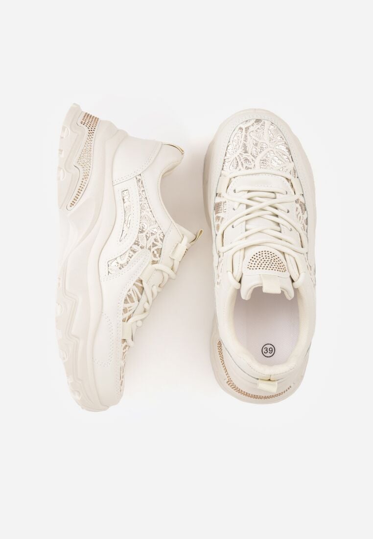 Beżowe Sneakersy na Grubej Podeszwie z Koronkowymi Wstawkami i Cyrkoniami Sephialle 6
