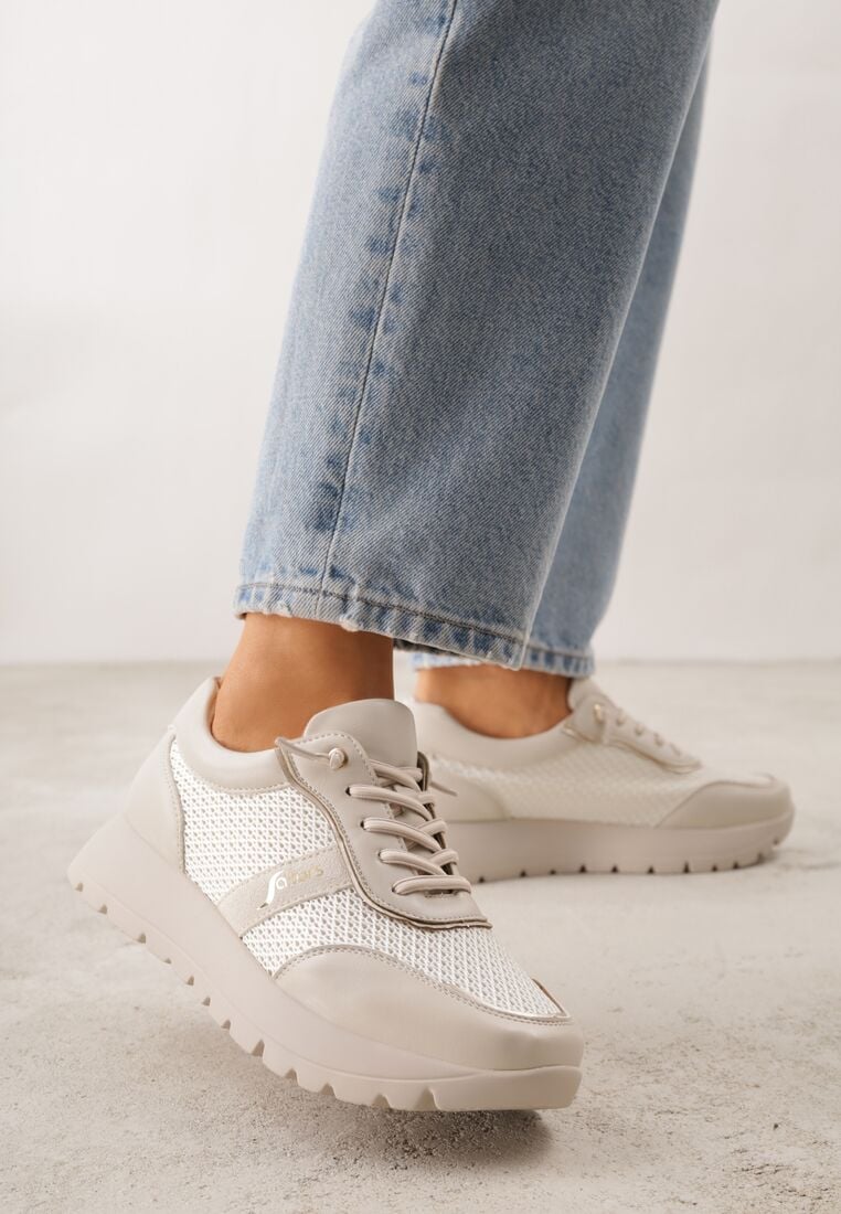 Beżowe Sneakersy na Grubej Podeszwie ze Skórzaną Wkładką i Napisem Airarge 2