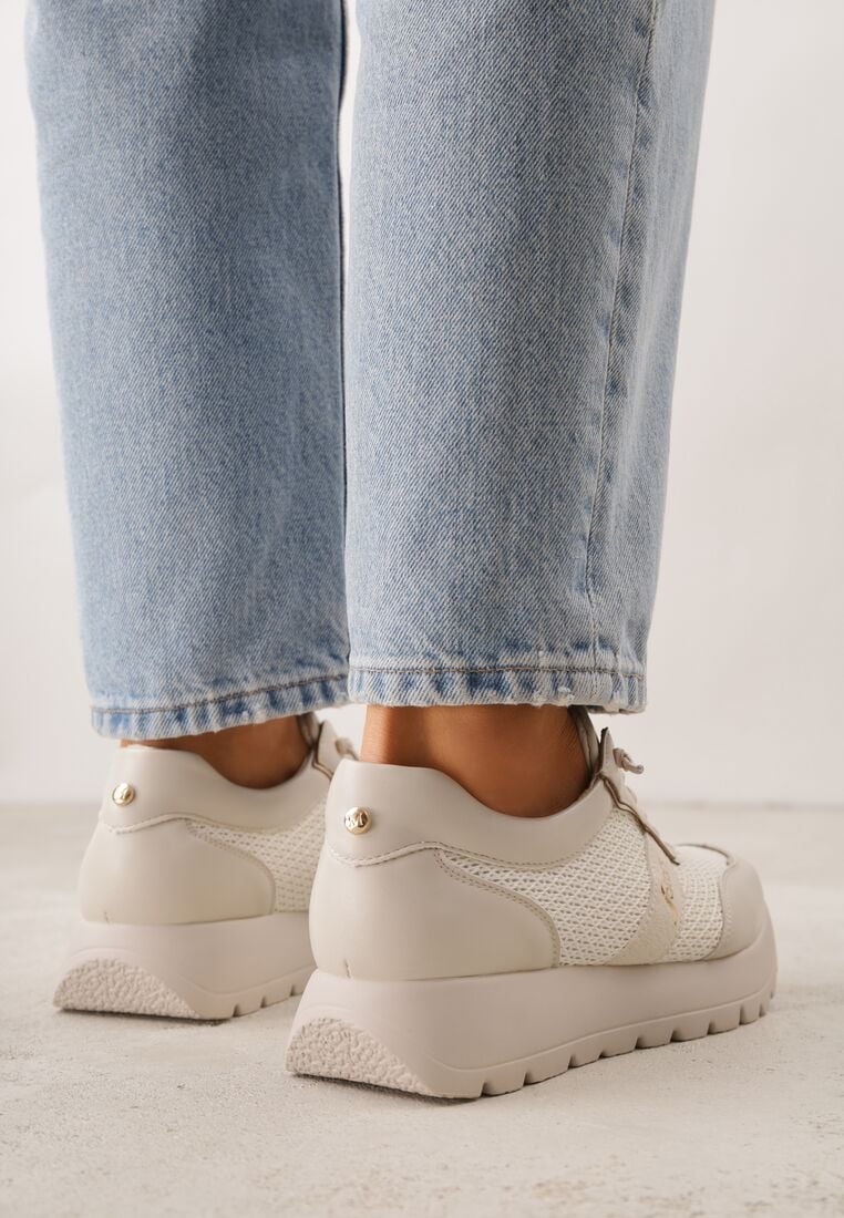 Beżowe Sneakersy na Grubej Podeszwie ze Skórzaną Wkładką i Napisem Airarge 3