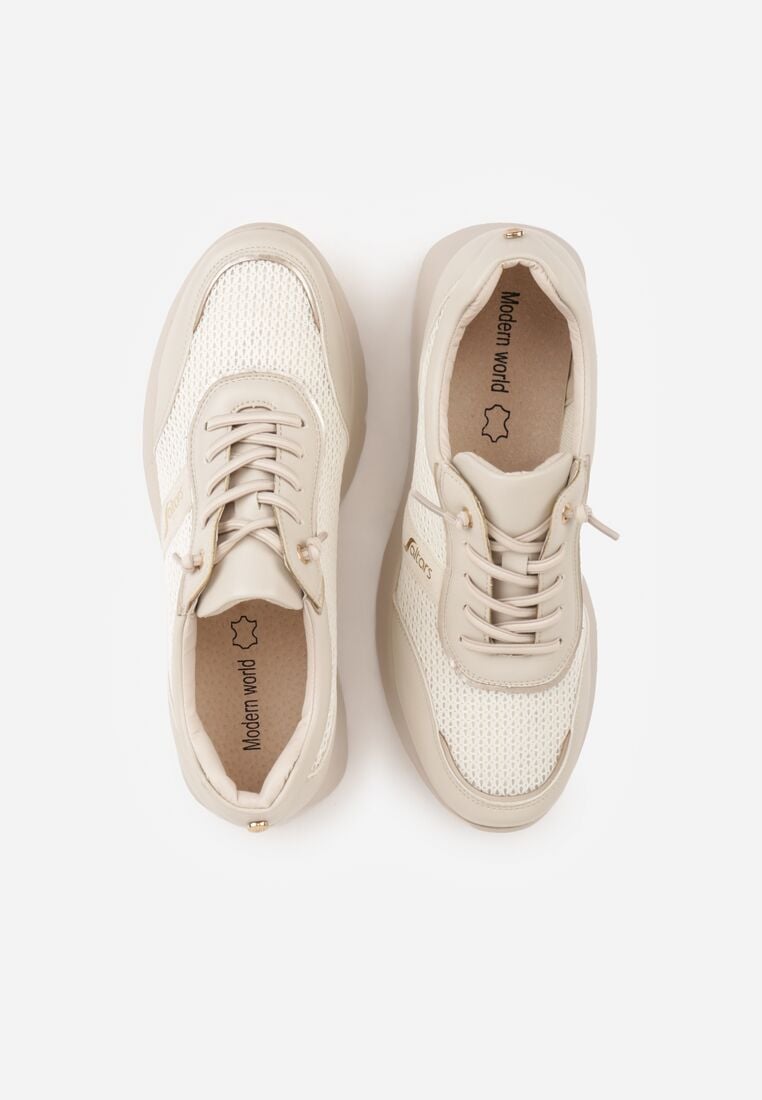 Beżowe Sneakersy na Grubej Podeszwie ze Skórzaną Wkładką i Napisem Airarge 6