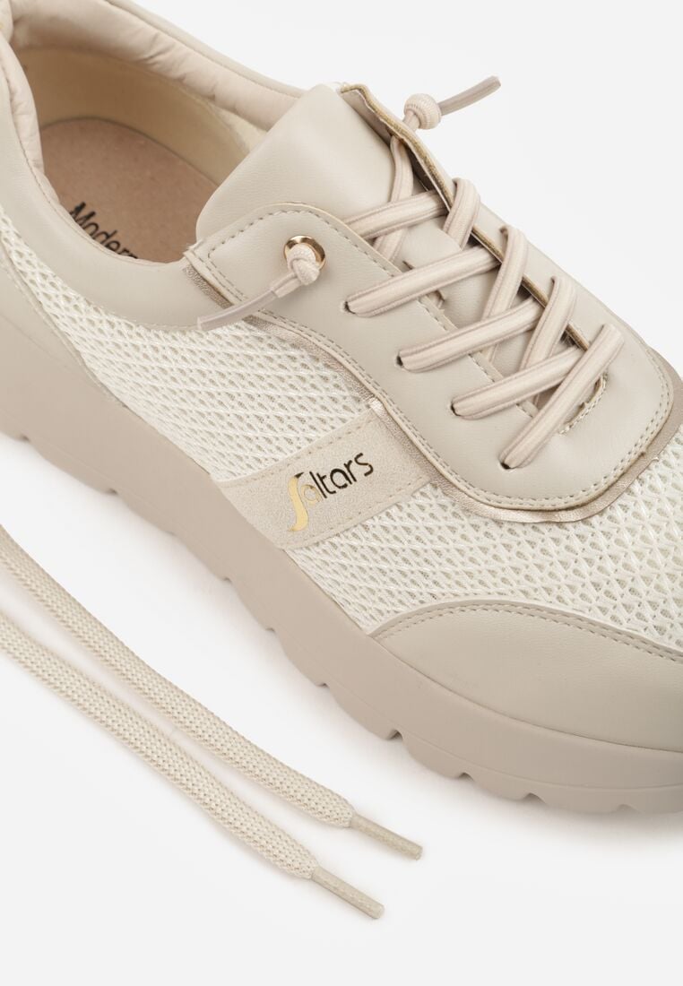 Beżowe Sneakersy na Grubej Podeszwie ze Skórzaną Wkładką i Napisem Airarge 9