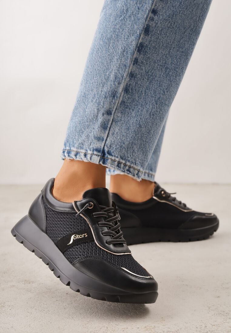 Czarne Sneakersy na Grubej Podeszwie ze Skórzaną Wkładką i Napisem Airarge 2