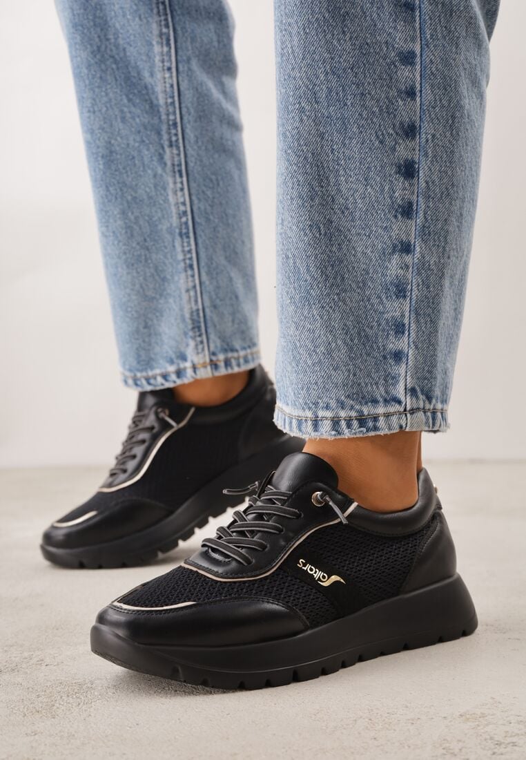 Czarne Sneakersy na Grubej Podeszwie ze Skórzaną Wkładką i Napisem Airarge 1