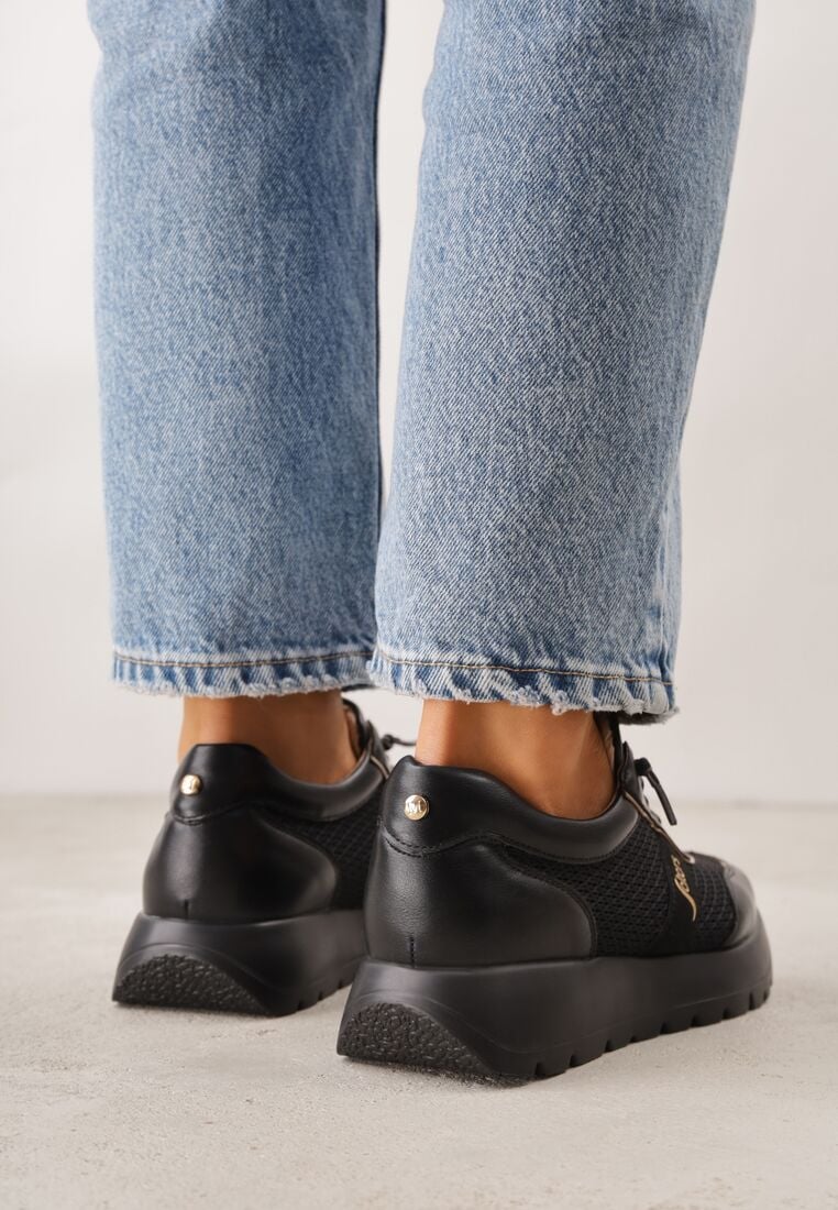 Czarne Sneakersy na Grubej Podeszwie ze Skórzaną Wkładką i Napisem Airarge 3