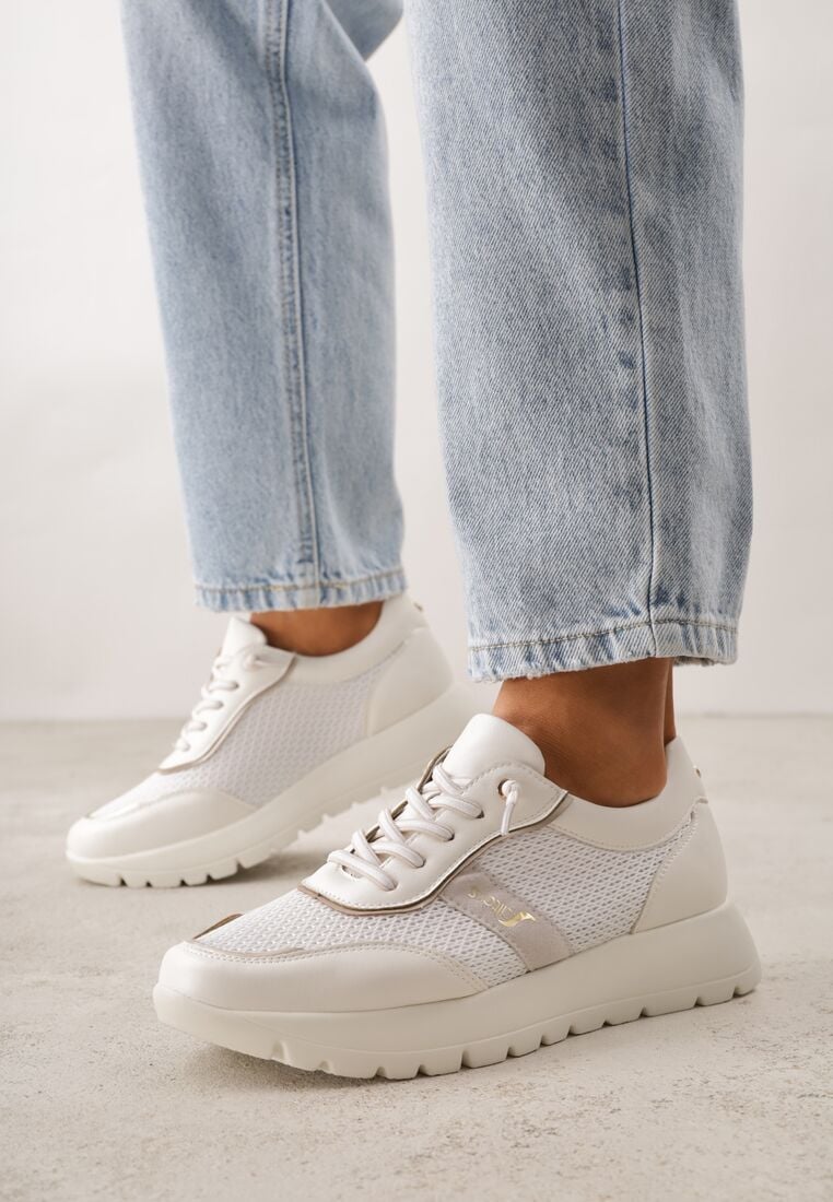 Białe Sneakersy na Grubej Podeszwie ze Skórzaną Wkładką i Napisem Airarge 1