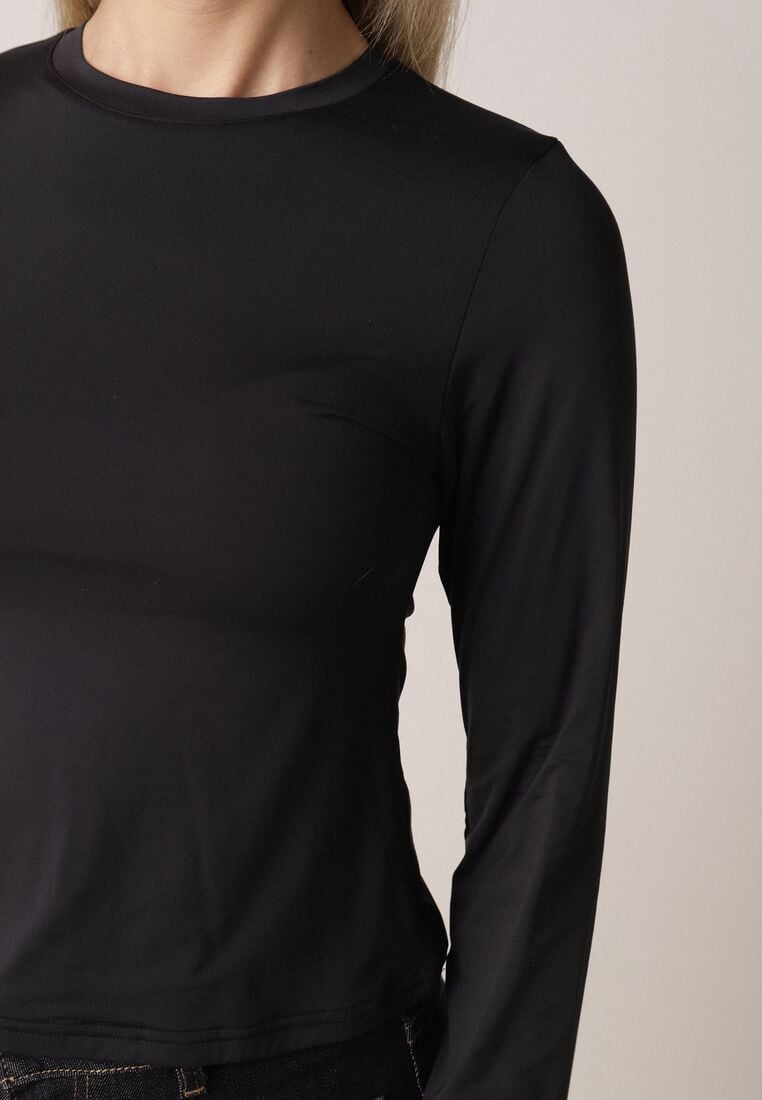 Czarna Gładka Bluzka z Długim Rękawem z Bawełną Moaneta 5