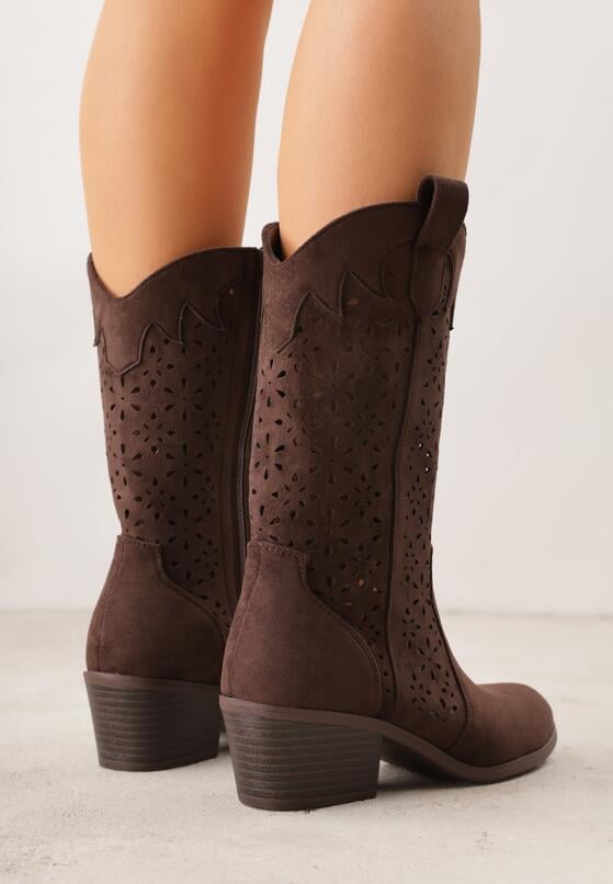 Brązowe Ażurowe Botki na Obcasie w Stylu Kowbojek Lissemi 3