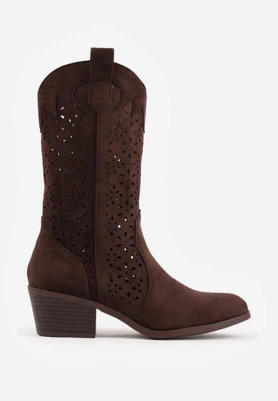 Brązowe Ażurowe Botki na Obcasie w Stylu Kowbojek Lissemi 4