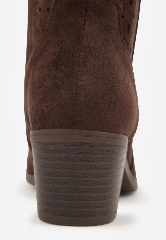 Brązowe Ażurowe Botki na Obcasie w Stylu Kowbojek Lissemi 9