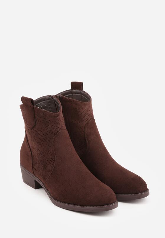 Brązowe Botki Ażurowe na Obcasie w Stylu Kowbojek Lalona 5