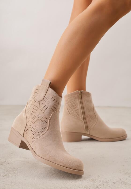 Ciemnobeżowe Botki Ażurowe na Obcasie w Stylu Kowbojek Lalona 2