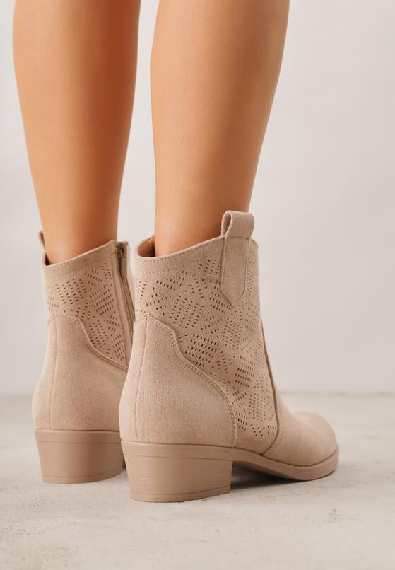 Ciemnobeżowe Botki Ażurowe na Obcasie w Stylu Kowbojek Lalona 3