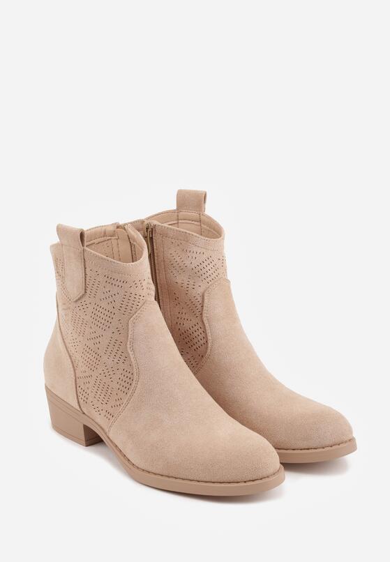 Ciemnobeżowe Botki Ażurowe na Obcasie w Stylu Kowbojek Lalona 5